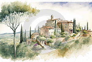 Watercolor illustration of the beautiful fields of Tuscany in Italy photo