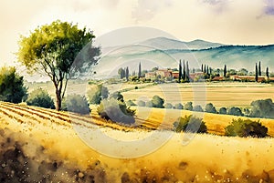 Watercolor illustration of the beautiful fields of Tuscany in Italy photo