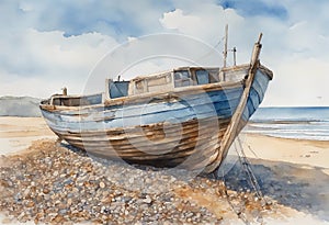 Watercolour painting of an old weathered wooden fishing boat on a pebble beach under a blue sky