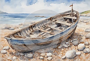 Watercolour painting of an old weathered wooden fishing boat on a pebble beach under a blue sky