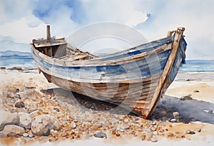 Watercolour painting of an old weathered wooden fishing boat on a pebble beach under a blue sky