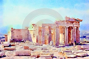 Watercolour painting. propylaea, gateway to temples on the Acropolis.