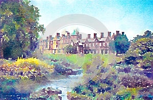 Watercolour painting of Sandringham House gardens and lake.