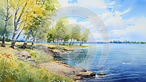 Watercolour Painting Of Serene Nature Scenery With Dnieper River