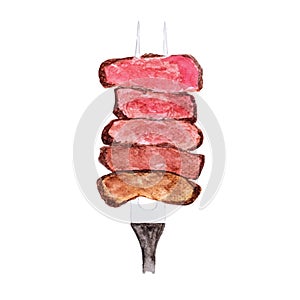 Watercolour painting slices of beef steak on meat fork