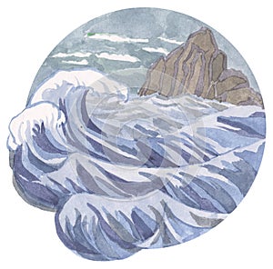 Watercolour painting storm sea, waves, mountains