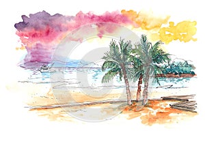 Watercolour painting of sunset at tropical beach