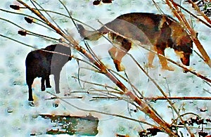 Watercolour painting of two pet dogs in the snow.