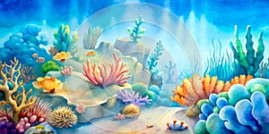 Watercolour painting of underwater ocean reef landscape, coral reef ecosystem, summer underwater theme, natural