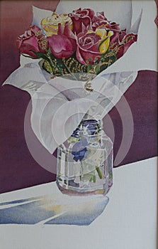 Watercolour Painting Vase of Roses