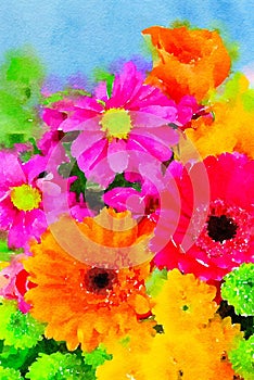 Watercolour painting of vibrant colourful flowers. Vertical.