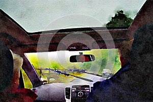 Watercolour painting. View of windscreen from inside car