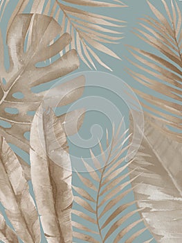 Watercolour Palm neutral fronds background. Dry tropical leaves Watercolour illustration on blue background.