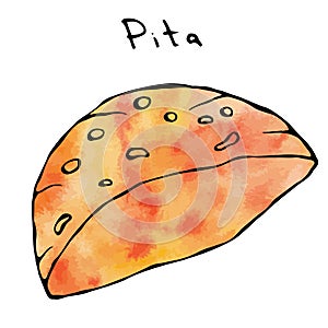 Watercolour Pita Pocket Bread. Arabic Israel Healthy Fast Food, Bakery. Jewish Street Food. Realistic Hand Drawn Illustration. Sav