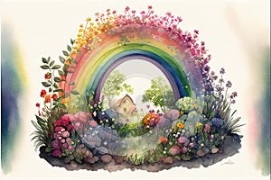 Watercolour rainbow arching over floral garden