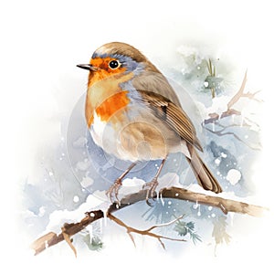 Watercolour of a robin redbreast bird in the winter snow