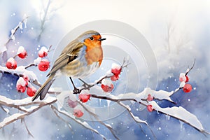 Watercolour of a robin redbreast (Erithacus rubecula) bird in the winter snow