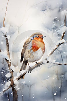 Watercolour of a robin redbreast (Erithacus rubecula) bird in the winter snow