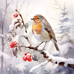 Watercolour of a robin redbreast (Erithacus rubecula) bird in the winter snow