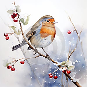 Watercolour of a robin redbreast (Erithacus rubecula) bird in the winter snow