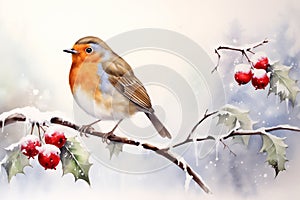 Watercolour of a robin redbreast (Erithacus rubecula) bird in the winter snow