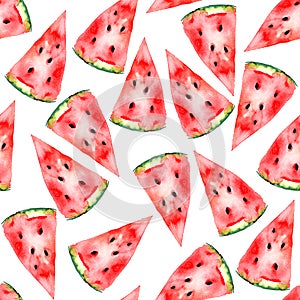 Watercolour seamless pattern bright vivid colour illustration watermelon. Testy food hand painted.