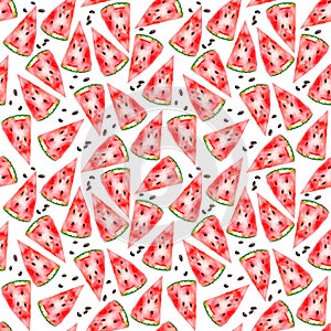 Watercolour seamless pattern bright vivid colour illustration watermelon. Testy food hand painted.