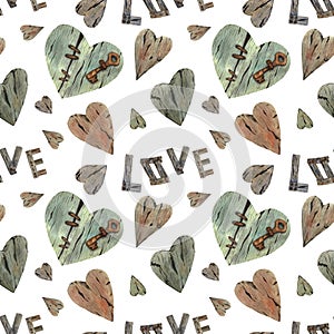 Watercolour seamless pattern for Valentine\'s Day, rustic, old wood texture, wooden hearts, rusty key