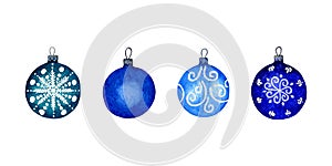 Watercolour set of blue Christmas balls on a white background. Holiday ornamental decorations for the happy new year.