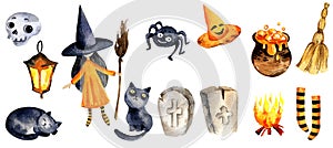 watercolour set of halloween theme with witch, cat, scull, spider, funny hat on white background