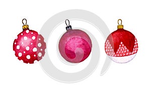 Watercolour set of red Christmas balls on a white background. Holiday ornamental decorations for the happy new year.