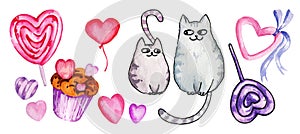 Watercolour set to Valentine day theme, hand draw illustration, heart, kitty, candy and cupcakes