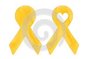 Watercolour set of two yellow ribbons: with little heart shape and blank one, which can be used as template for any text message.