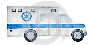 Watercolour sketch of ambulance car with blue stripe and star of life emblem.