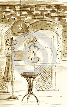 Watercolour sketch of Cafe interior. Hand drawn illustration. Beige, brown, sepia monochrome colors