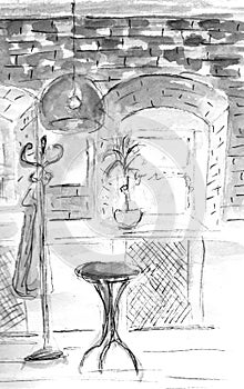 Watercolour sketch of Cafe interior. Hand drawn illustration. Gray, black and white monochrome colors