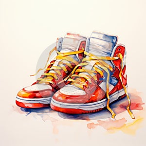 Watercolour Sneakers: Detailed, Red And Amber, Extreme Angle