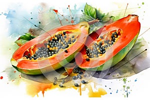 Watercolour style illustration of halves juicy papaya fruits. Created with Generative AI