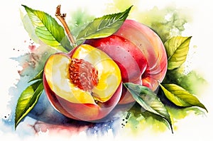 A watercolour style illustration of a ripe peaches with leaves. Created with Generative AI