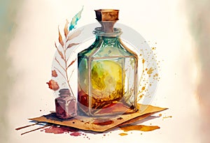 Watercolour style illustration of vintage bottles and paper. Created with Generative AI