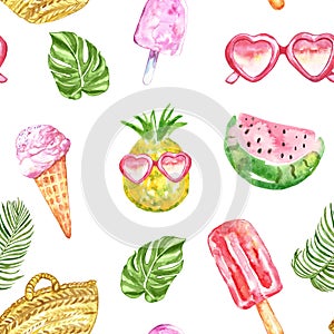 Watercolour summer pattern with fresh fruits, ice cream, sunglasses, popsicles and tropical leaves on white background