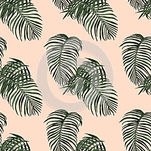 Watercolour tropical leaves seamless pattern. Exotic green palm foliage on warm pink background