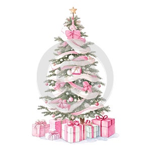 Watercolour vintage pink Christmas fir tree with presents