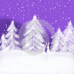 Watercolour Winter Design Forest And Violet Christmas Snow Background.