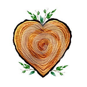 Watercolour wooden Heart isolated on white background. Watercolor heart wood slice illustration.