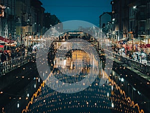 Watercourse in the center of the city of Milan during the Christmas period