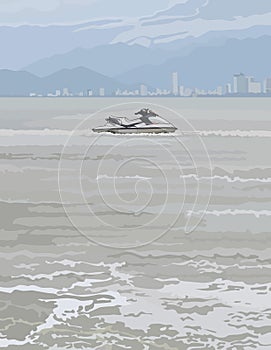 Watercraft on a background of gray sea