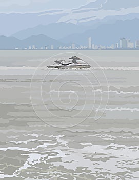 Watercraft on a background of gray sea photo