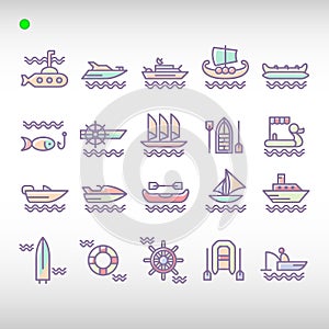 Watercraft icon set in flat color style