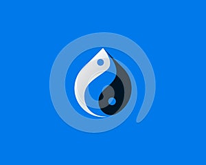 Waterdrop fish logo vector. Creative Yin Yang balance yoga harmony seafood sign symbol logotype isolated on blue